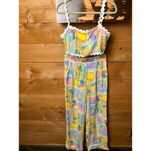 FOREL Large Fruit Print Crop Top Pants Set Women Tropical Loungewear Resort lace